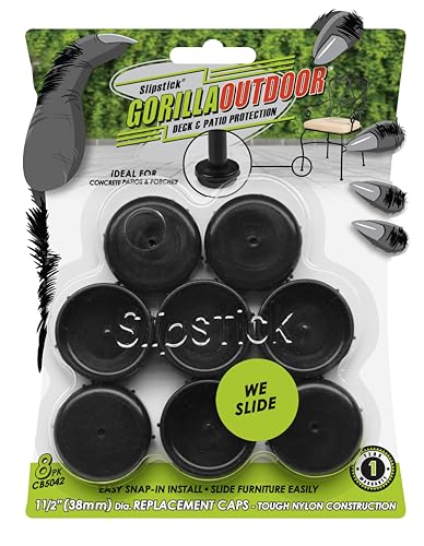 Slipstick Gorilla Outdoor 1-1/2 Inch Patio Chair Leg Caps for Wrought Iron Furniture (8 Pack) Floor Protecting Replacement Feet Glides for Metal Tables and Chairs, Nylon Sliders