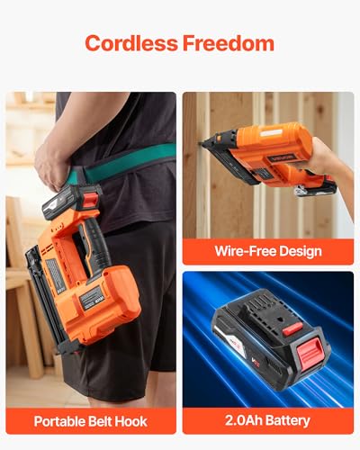 VEVOR Cordless Brad Nailer, 18 Gauge, 20V Battery Powered Nail Gun, with 500 pcs Nails, 2.0 Ah Li-ion Battery and Charger, Adjustable Nailing Depth, for Home Improvement, Woodworking, DIY Project - size: 18 Gauge - 1 Battery