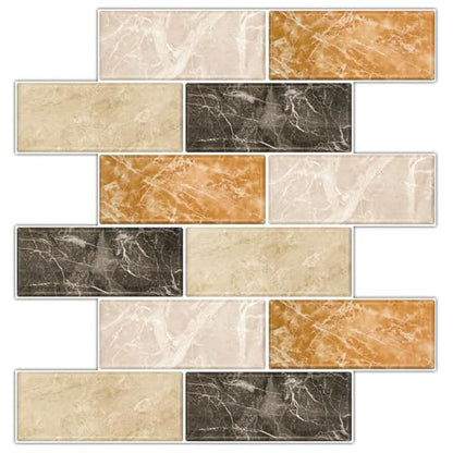 10 Sheets Backsplash for Kitchen Wall Peel and Stick 12"X12" Adhesive Back Splash Tile Flat Vinyl Sticker on Renter Friendly for Bathroom Brown Marble 2-6 (Not 3D Tile) - color: Light Brown Marble