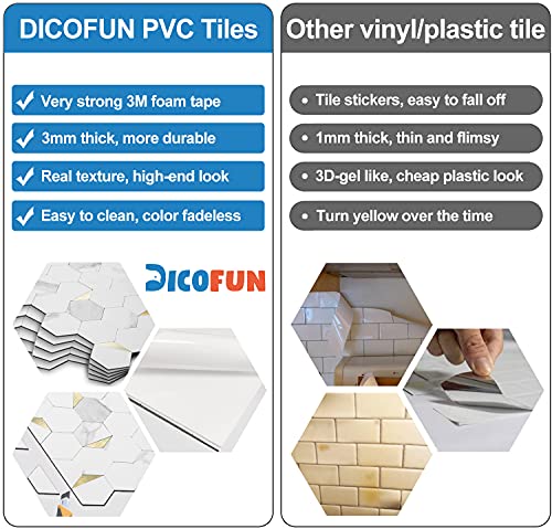DICOFUN 1 Hexagon Tile Peel and Stick Backsplash, White Marble Look PVC Mixed Golden Metal Mosaic Tiles - color: Marble White + Gold Metal Chip, size: 1 Sheet, 12''x12''x0.12''