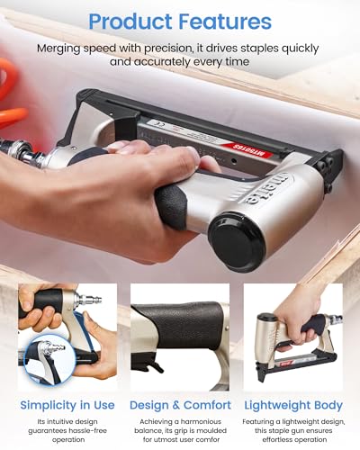 meite Upholstery Stapler with Safety Trigger, for 20 Gauge 1/2-Inch Crown Staples, Heavy-Duty Pneumatic Staple Gun for Woodworking, Professional and DIY Projects (Model MT5016S)