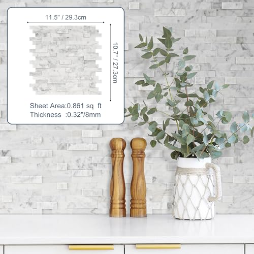 5-Sheet Real Stone Peel and Stick Backsplash — 3D Linear Marble Mosaic, 8mm Thick Solid Natural Stone Tiles for Kitchen, Fireplace & Vanity (11.5"x10.7", Mixed Gray) - color: Carrara white