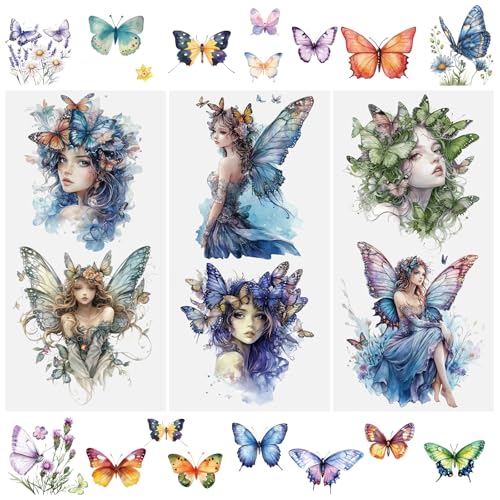 WANDIC 3 Sheets Watercolor Butterfly Theme Rub on Transfer Stickers Waterproof Decals Furniture Stickers Home Decoration Decals for DIY,15 * 30cm - color: Watercolor Butterfly Elf