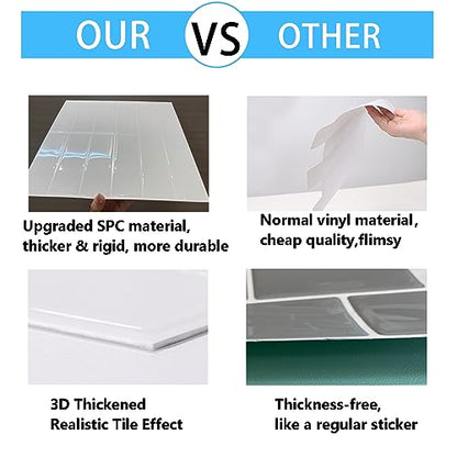Peel and Stick Tile, New Upgrade Thicker Design Self Adhesive 12" x 12" Large Premium Finger Tiles for Kitchen,Bathroom, Living Room, RV Etc (10-Sheet,White). - color: White