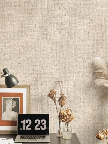 Beige Grasscloth Peel and Stick Wallpaper Textured 15.7in x 157.4in - color: Beige, size: 15.7" x 157.4"