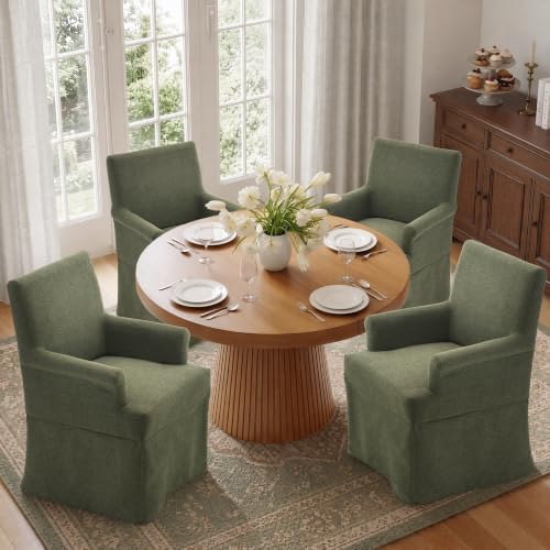 Arm Dining Chair Fabric Long Skirt Slipcovered High Back Upholstered Dinner - color: Green, size: 6 PCS