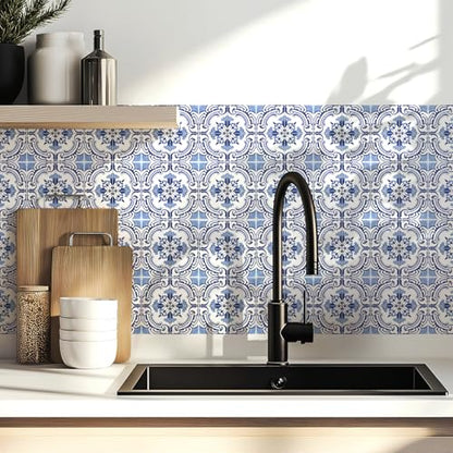 30 Pack, 4x4 Inch Classic Portuguese Azulejo Tile Decals, Blue and White Peel and Stick Vinyl for Backsplash, Stairs & Furniture (Blue) - color: Blue