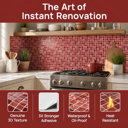 3D Mosaic Peel and Stick DIY Wall Backsplash Tiles (24, Burgundy) - color: Burgundy