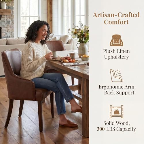 chairus Farmhouse Dining Chairs with Arms Set of 4, Brown PU Leather Upholstered Kitchen & Dining Room Chairs, Curved Open Back Chairs with Walnut Solid Wood Legs & Thick Cushion, Brown - color: Brown