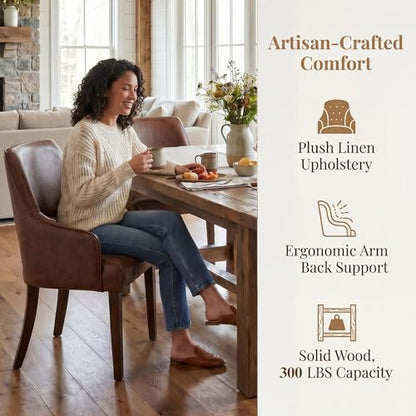 chairus Farmhouse Dining Chairs with Arms Set of 4, Brown PU Leather Upholstered Kitchen & Dining Room Chairs, Curved Open Back Chairs with Walnut Solid Wood Legs & Thick Cushion, Brown - color: Brown