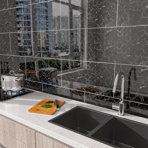 Marble Peel and Stick Backsplash 23.6 x11.8 in, 10PCS, Black - color: Black Marble