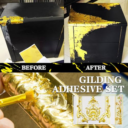 Gold Leaf Gilding Adhesive Kit - 3.5oz Water Based Glue and 3.5oz Varnish with Brush, Gold Foil Sheets 100 pcs, Gilding Adhesive Set for Foil Arts, Crafts, Painting, Furniture and Decoration