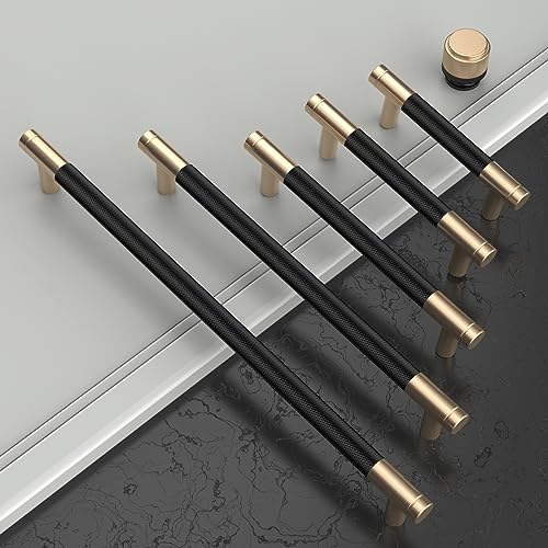 Asidrama 10 Pack 5 Inch(128mm) Matte Black Cabinet Pulls Knurled Cabinet Handles Gold Cupboard Handles Kitchen Cabinet Hardware for Cupboard Drawer Pulls - color: Black-Gold, size: 5" Hole Center, style: 10 Pack