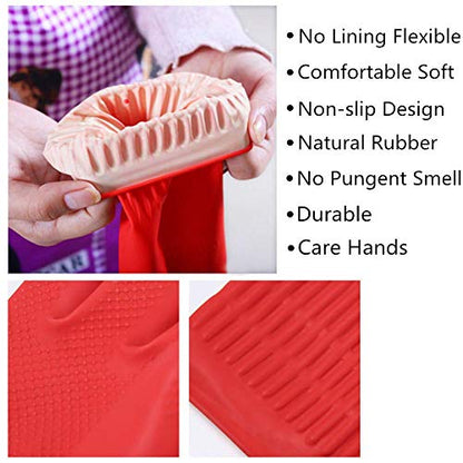 Latex Cleaning Gloves for Kitchen Dishwashing & Cleaning Cloth | Waterproof & Reusable, 2 Pair Pack (4 Red Gloves)