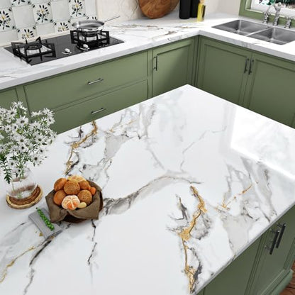 Crackle White Marble Contact Paper for Countertops Waterproof Glossy Granite Wallpaper Peel and Stick White/Grey Marble Vinyl Countertop Wallpaper for Kitchen Bathroom Tables 17.7"x315" - size: 17.7" x 315"