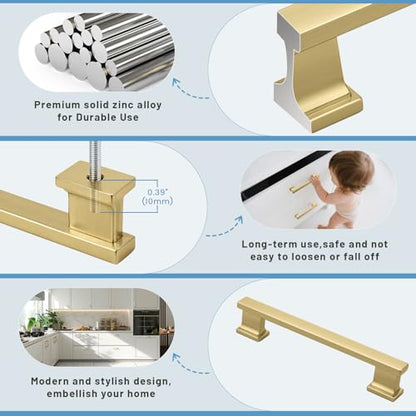 KNOBWELL 6 Pack Brushed Gold Solid Cabinet Pulls 5 Inch(128mm) Hole Center Kitchen Cabinet Handles,Cabinet Hardware for Cupboard Drawer Pulls - color: Brushed Gold, size: Hole Center：5 inch（128mm）