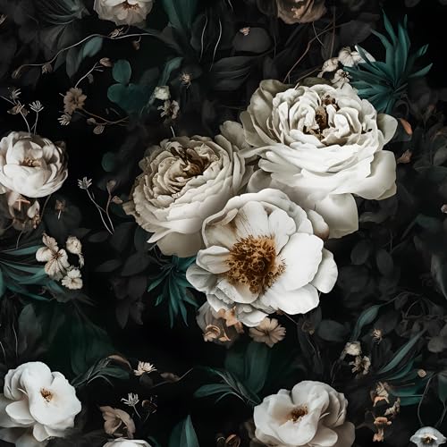 Laatse Dark Black Floral Wallpaper Peel and Stick 17.5" × 118" - color: Black/White, size: 17.5" x 118"