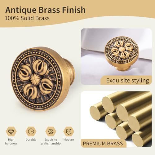 Antique Solid Brass Cabinet Knobs, 5 Pack