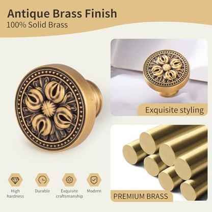 Antique Solid Brass Cabinet Knobs, 5 Pack