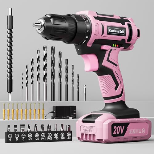 Pink Cordless Drill Set, VIWKO 20V Electric Power Drill for Women, Lightweight Electric Screwdriver Driver with Power Pack & Charger, 3/8" Keyless Chuck, Womens Tool Kit for House - color: Pink