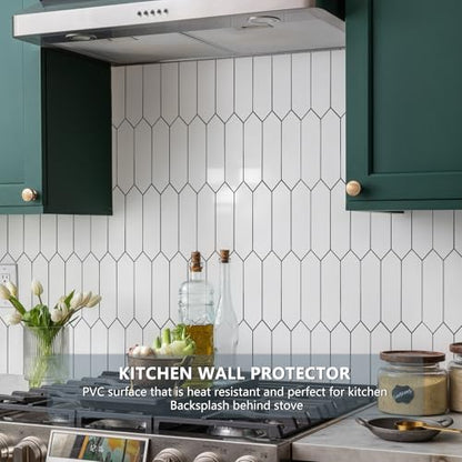 Vamos Tile Glossy White Backsplash Tile Peel and Stick, 12.8 x 12.8 Inch 10 Sheets Long Hexagon PVC Self Adhesive Mosaic Wall Tiles Stick on Backsplash for Kitchen and Bathroom - color: Glossy White with Dark Gray Grout