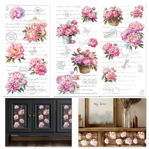 INFUNLY 3 Sheets Peonies Flower Rub on Transfers for Furniture 5.9"×11.8" Peony Theme with Word Background Transfers Sticker Vintage Flower Transfers Stickers for Wood Glass Scrapbook DIY Paper - style: Vintage Peonies