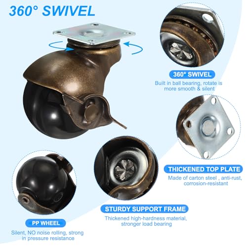 PATIKIL 2 Inch Ball Caster Wheels with Brake, 4 Pack 360° Rotating Swivel Top Plate Wheels 397 lbs Total Capacity Locking Caster with M4 Screws for Furniture Table Cabinet Bronze - color: Bronze, size: 2 Inch