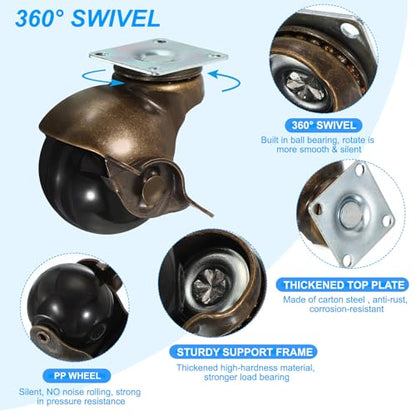 PATIKIL 2 Inch Ball Caster Wheels with Brake, 4 Pack 360° Rotating Swivel Top Plate Wheels 397 lbs Total Capacity Locking Caster with M4 Screws for Furniture Table Cabinet Bronze - color: Bronze, size: 2 Inch
