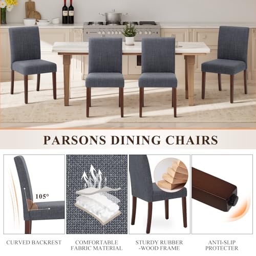 Upholstered Parsons Dining Chairs Set of 6, Modern Dining Room Chairs with Back, Fabric Kitchen Side Chairs with Wood Legs for Dinner Farmhouse Restaurant, Dark Grey - color: Dark Grey, size: Set of 6
