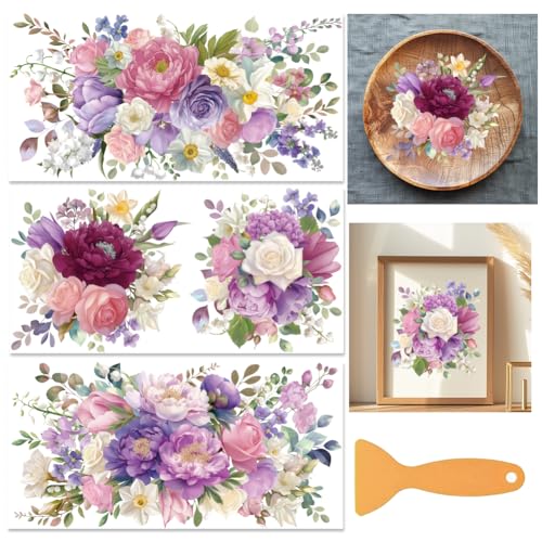 3 Sheets Flower Bouquet Rub on Transfers for Crafts and Furniture 12×6inch Pink Purple Foral Furniture Transfer Stickers for Wood Furniture Cabinet Dressers Home Decor - style: Purple Flower Bouquet