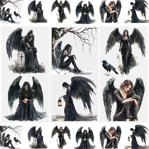 WANDIC 3 Sheets Rub On Transfer Stickers, Gothic Angel Wings Waterproof Decals Furniture Craft Decorative, Junk Journals for DIY Scrapbooking, 15 * 30cm - color: Gothic Angel Wings