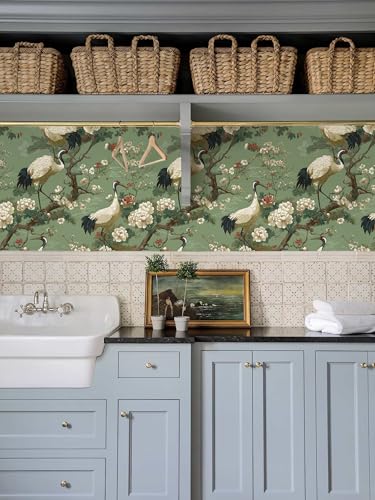 Chinoiserie Botanical Wallpaper, Crane Floral Peel and Stick Wallpaper - color: ML-M090, size: 17.7" x 236"