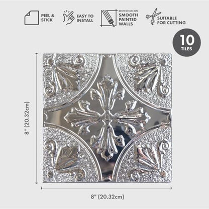 Peel and Stick Metal Backsplash Tiles, Silver Fleur, 10-Pack - style: Silver Fleur