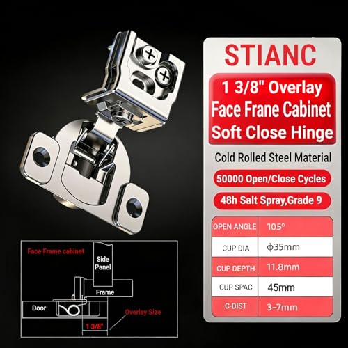 50 Pcs 1 3/8" Overlay Soft Close Cabinet Hinges 105° 3D Adjustable - size: 1-3/8"