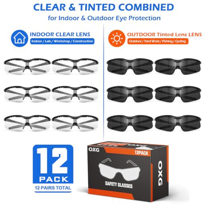 OXG 12 Pack Safety Glasses, ANSI Z87.1 Protective Eyewear for Men Women - color: 6p Clear+6p Grey