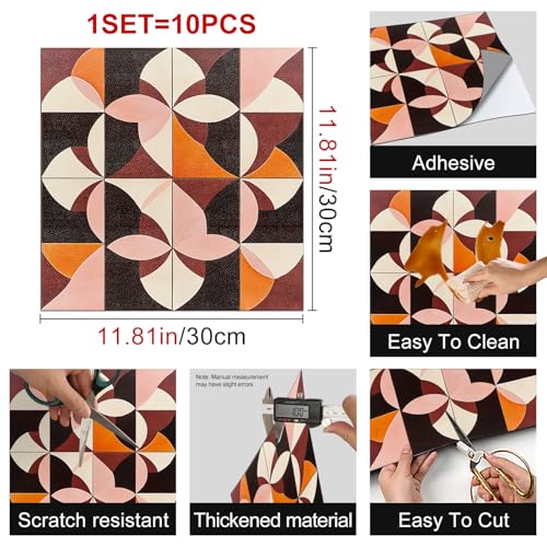 HOMETITUTE Retro Geometric Art 12x12 Inch Peel Stick Vinyl Floor Tile - color: Orange, Pink