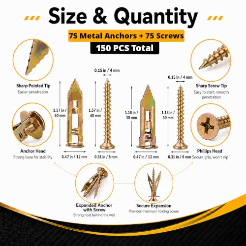 Jyphorixal 150Pcs Self Drilling Drywall Anchors with Screws Kit,Zinc Plated Steel,2 Sizes Expansion Screws and 2 Sizes Wall Anchors, Easy Application No Drill or Holes in Wall. - size: Yellow 150Pcs 2Size kit