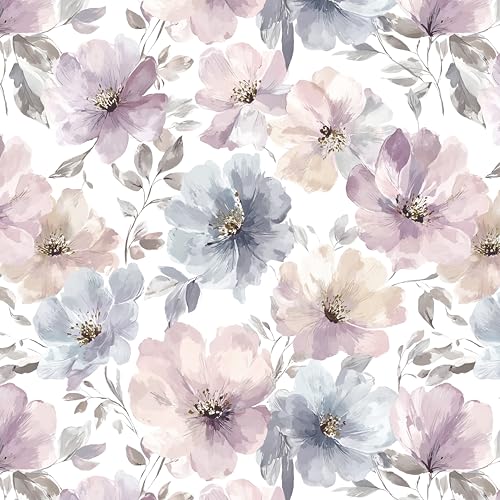 EeeComing Large Floral Peel and Stick Wallpaper Removable Pink/Purple/Grey Blue Flower Wallpaper for Nursery Girls Bedroom Living Room Self Adhesive Floral Contact Paper for Walls Cabinets 17.3"x197" - color: white pink blue, size: 17.3" x 197"