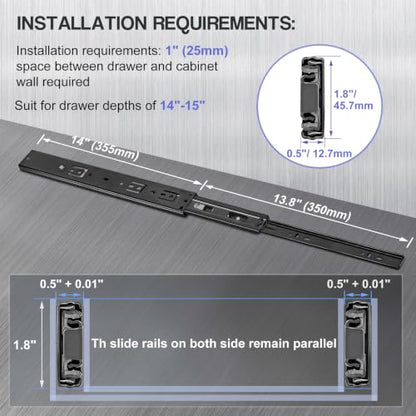 Soft Close Drawer Slides 14 Inch - Black, 1 Pair (2 Pieces) - color: Black, size: 14 Inch