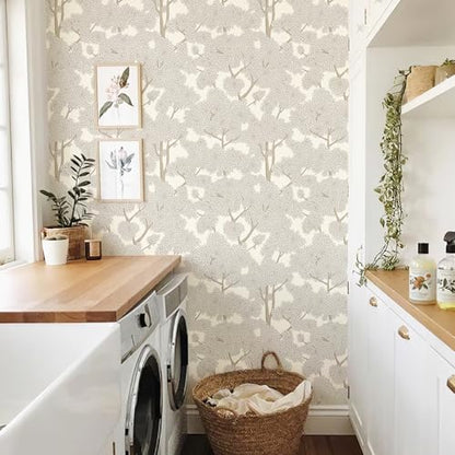 JiffDiff Tree Wallpaper Peel and Stick Jungle Wall Paper Forest Mural Stick on Wallpaper Modern Waterproof Self Adhesive Contact Paper (17.3" x 120" Cream) - color: Cream, size: 17.3" x 120"