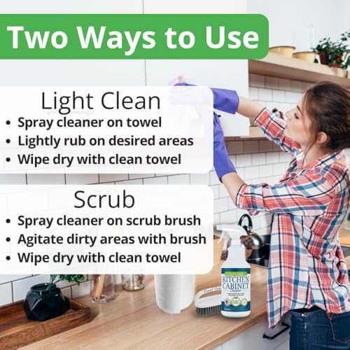 Kitchen Cabinet Cleaner and Degreaser - Plant Based Grease Remover for Wood, Painted and White Cabinets - Cleans, Restores, Protects Finishes, Streak Free, 32oz with Scrub Brush by Final Touch