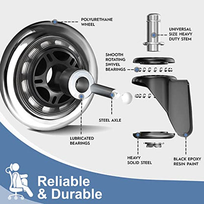 Huracan Office Chair Wheels, Set of 5, Replacement Rubber Chair Caster Wheels for Hardwood Floor, NOT Compatible for IKEA, Computer Desk Chair Wheels, Heavy Duty Office Chair Casters
