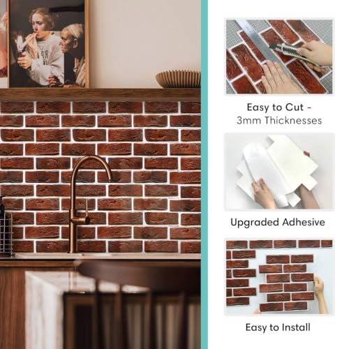Commomy Faux Brick Wall Panels Peel and Stick Thin PVC 10 Pcs 11.8" x 11.8" - color: Brick-WK