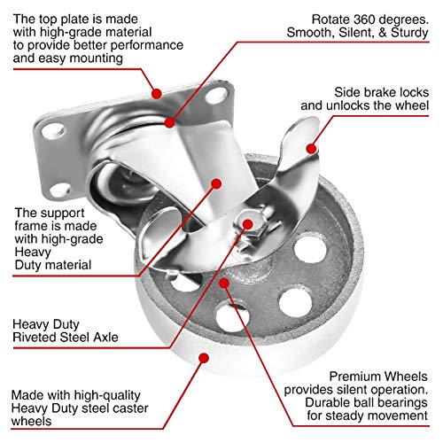 4" Steel Plate Caster Wheels, Set of 4, with Brake - size: 4" With Brake