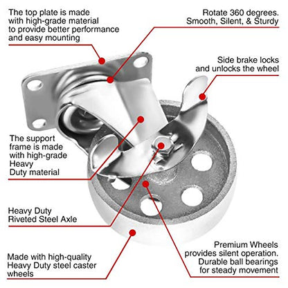 4" Steel Plate Caster Wheels, Set of 4, with Brake - size: 4" With Brake