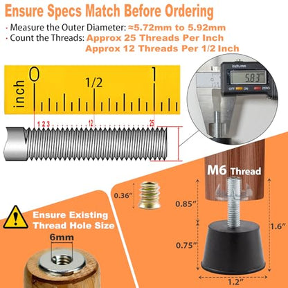 NEWBYTEK M6 Thread Rubber Furniture Leveling Feet Screw in Threaded Furniture Levelers Adjustable Table Chair Levelers Feet Glides for Chairs Tables Cabinet Patio - 8 Pack - size: M6 Thread, 8 Pack