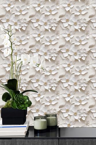 Peel and Stick Wallpaper Cream White Floral Small Art Deco - color: Cream&yellow, size: 17.7" x 78.7"
