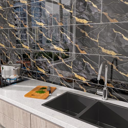 Marble Peel and Stick Backsplash 23.6 x11.8 in, 10PCS - color: Black Stone Gilding