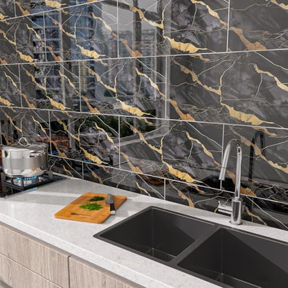 Marble Peel and Stick Backsplash 23.6 x11.8 in, 10PCS - color: Black Stone Gilding