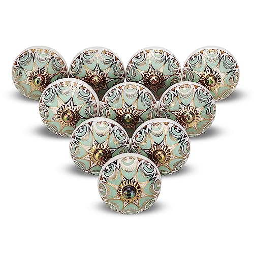 Gold Knobs for Cabinets Assorted Green Dresser Knobs Vintage Ceramic Door Knobs Colorful Kitchen Furniture Pull Handles Cupboard for Wardrobe Home Interior Décor-Pack of 10 - color: Light Green, style: STYLE OF 10